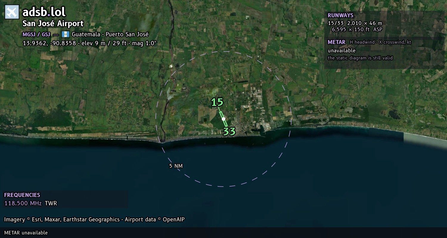Satellite map with the runway layout of San José Airport (MGSJ)