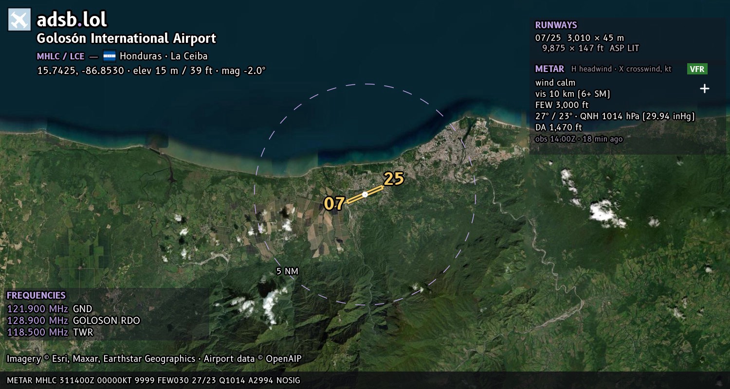 Satellite map with the runway layout of Golosón International Airport (MHLC)