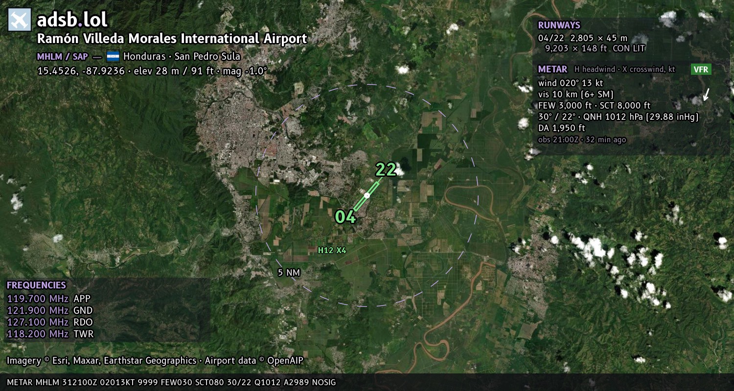 Satellite map with the runway layout of Ramón Villeda Morales International Airport (MHLM)
