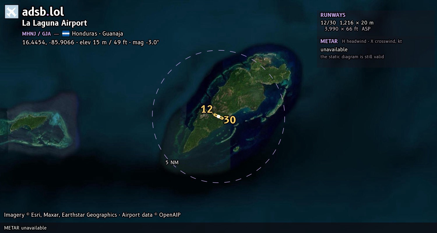 Satellite map with the runway layout of La Laguna Airport (MHNJ)
