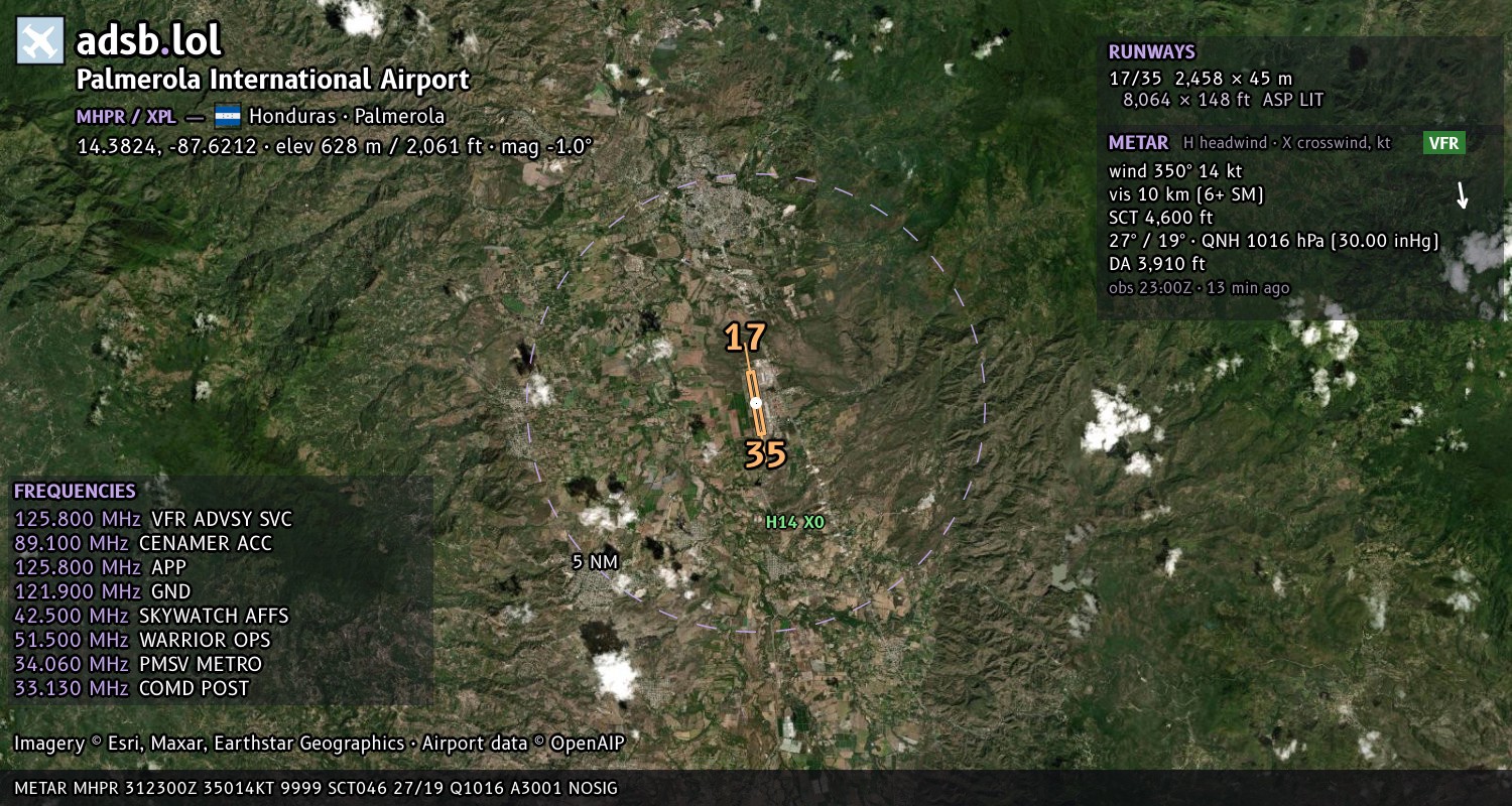 Satellite map with the runway layout of Palmerola International Airport (MHPR)