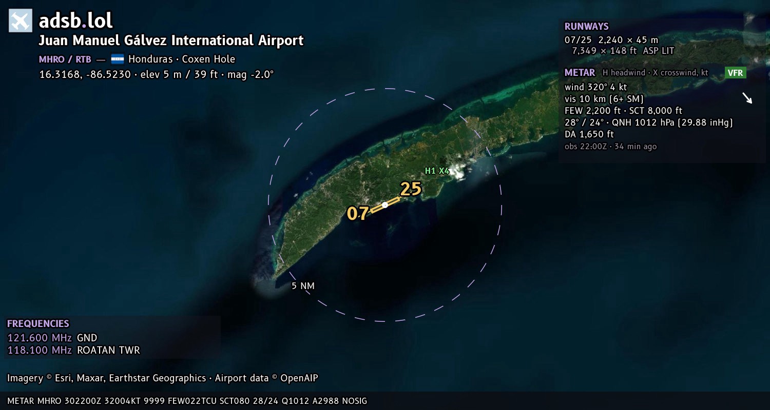 Satellite map with the runway layout of Juan Manuel Gálvez International Airport (MHRO)