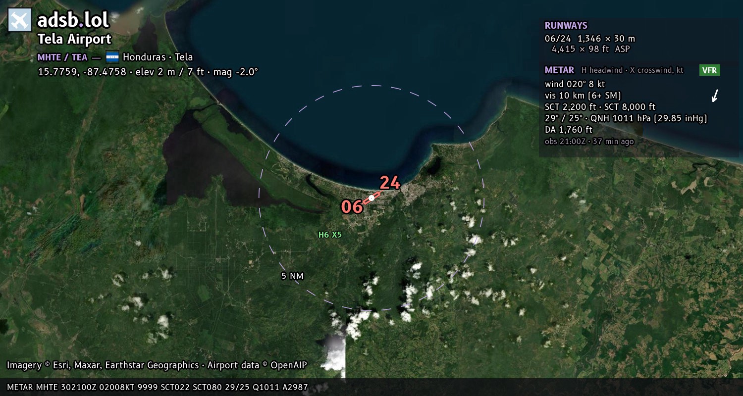 Satellite map with the runway layout of Tela Airport (MHTE)