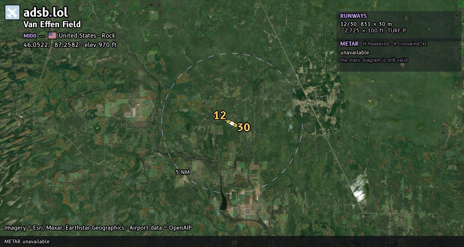 Satellite map with the runway layout of Van Effen Field (MI00)