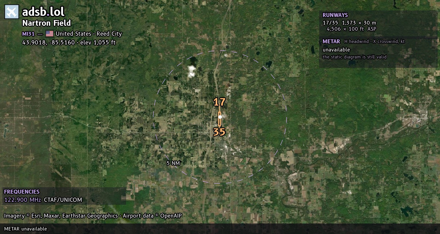 Satellite map with the runway layout of Nartron Field (MI31)