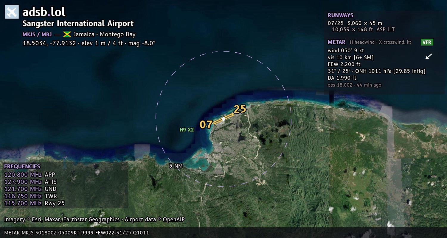 Satellite map with the runway layout of Sangster International Airport (MKJS)