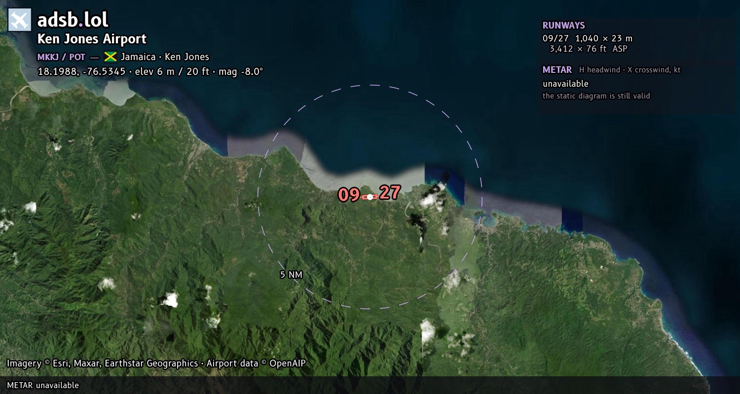 Satellite map with the runway layout of Ken Jones Airport (MKKJ)