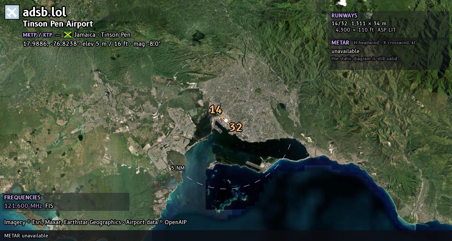 Satellite map with the runway layout of Tinson Pen Airport (MKTP)