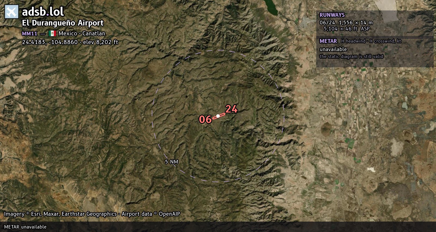 Satellite map with the runway layout of El Durangueño Airport (MM11)