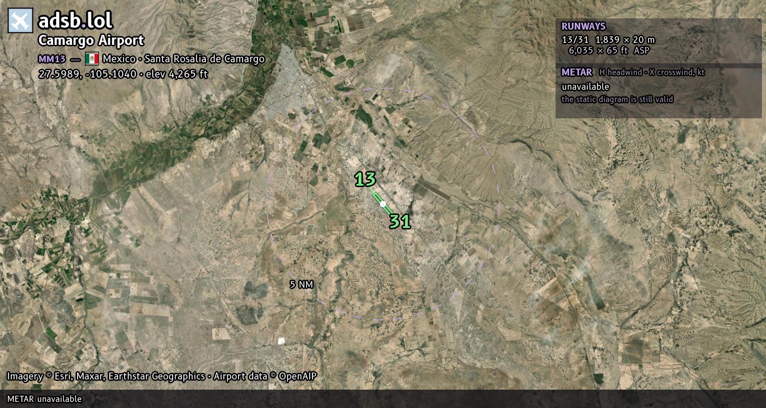 Satellite map with the runway layout of Camargo Airport (MM13)