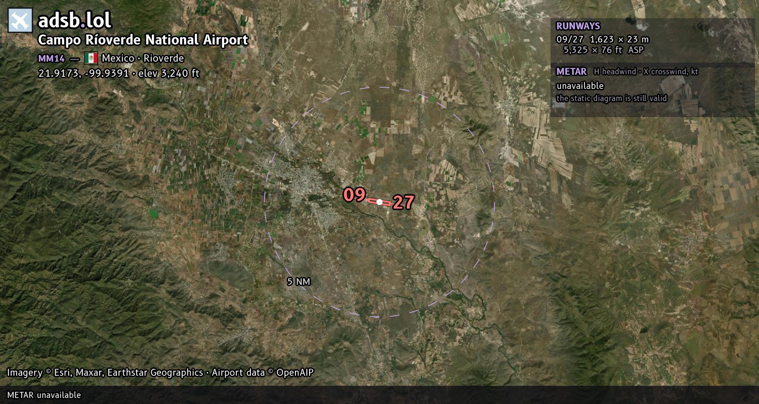 Satellite map with the runway layout of Campo Ríoverde National Airport (MM14)