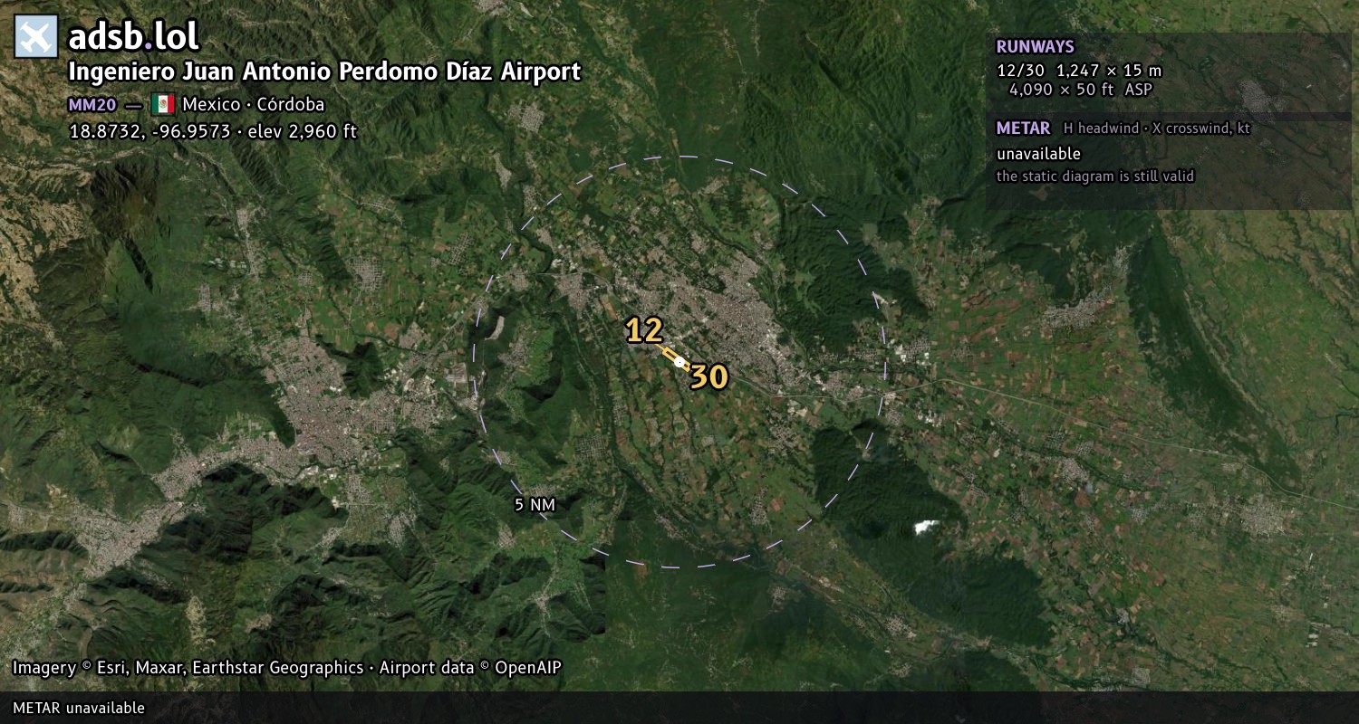 Satellite map with the runway layout of Ingeniero Juan Antonio Perdomo Díaz Airport (MM20)