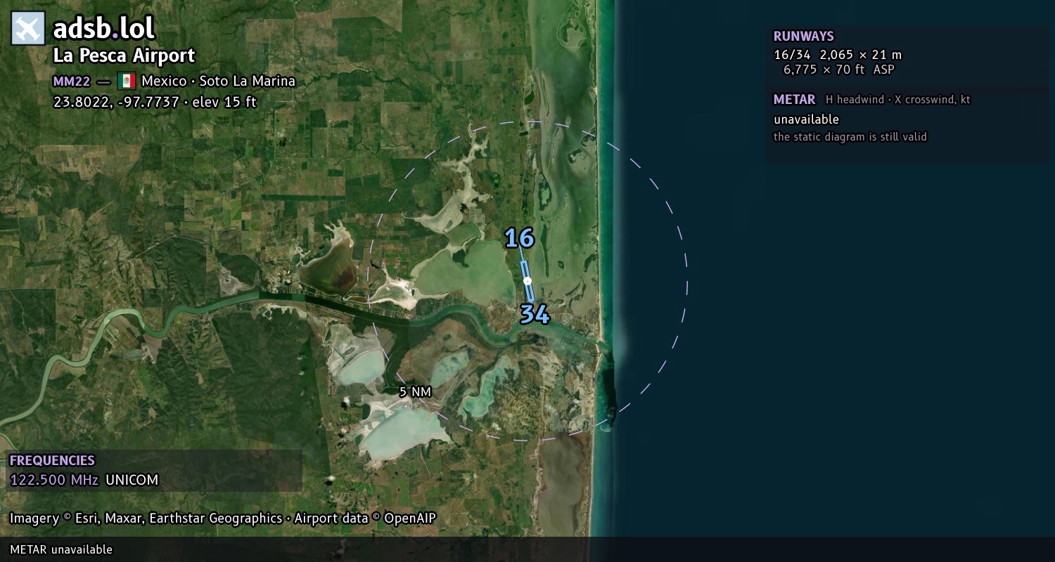 Satellite map with the runway layout of La Pesca Airport (MM22)