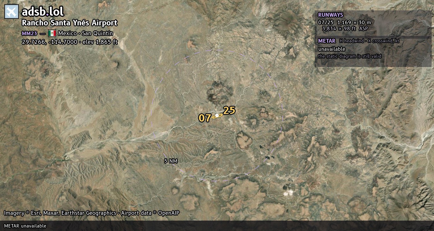 Satellite map with the runway layout of Rancho Santa Ynés Airport (MM23)