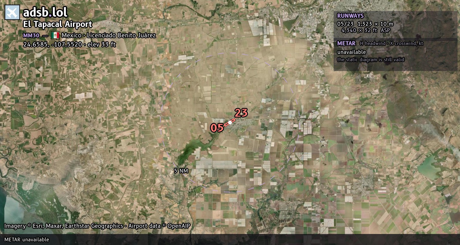 Satellite map with the runway layout of El Tapacal Airport (MM30)