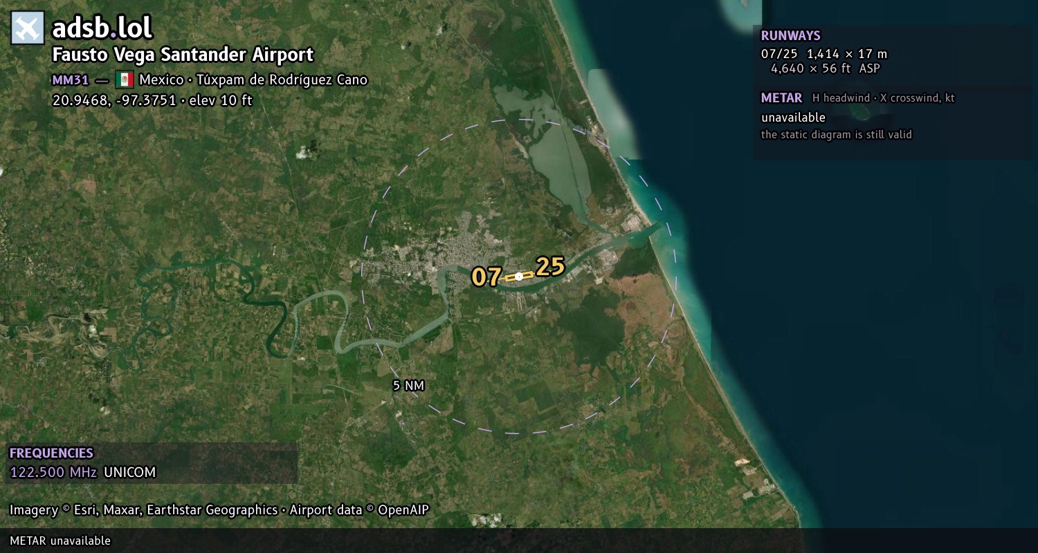 Satellite map with the runway layout of Fausto Vega Santander Airport (MM31)