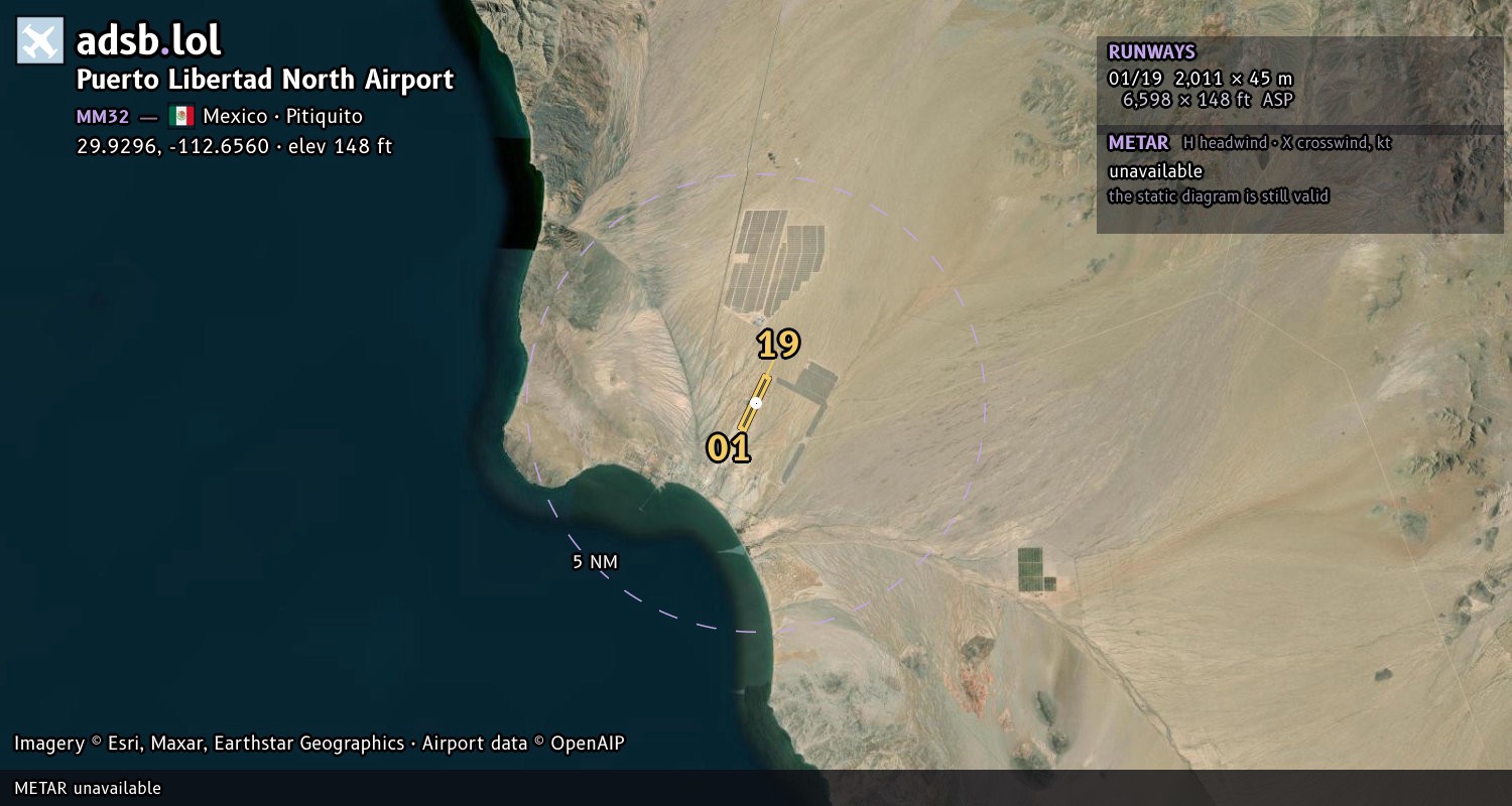 Satellite map with the runway layout of Puerto Libertad North Airport (MM32)