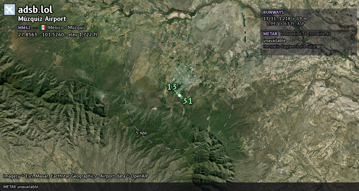 Satellite map with the runway layout of Múzquiz Airport (MM42)