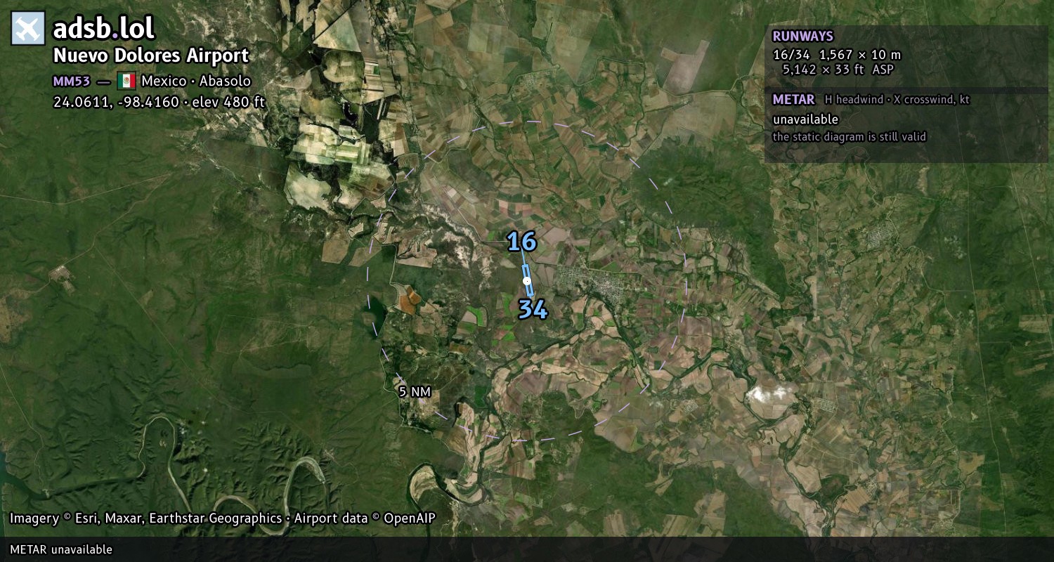 Satellite map with the runway layout of Nuevo Dolores Airport (MM53)