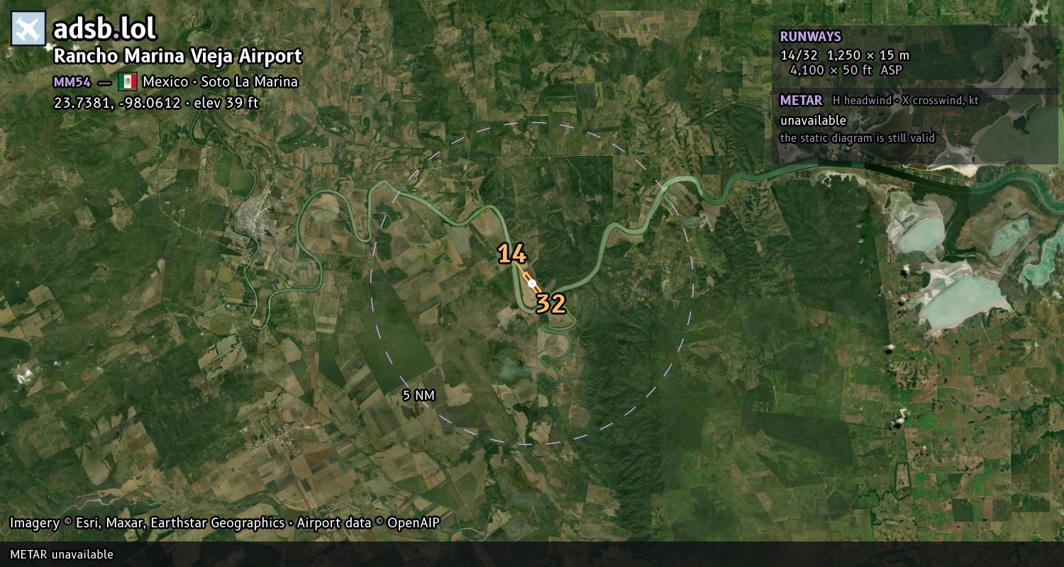 Satellite map with the runway layout of Rancho Marina Vieja Airport (MM54)