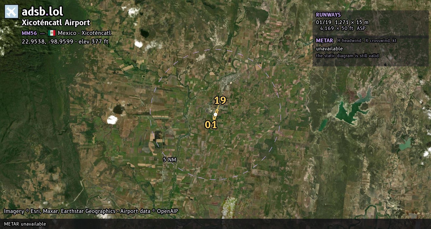 Satellite map with the runway layout of Xicoténcatl Airport (MM56)