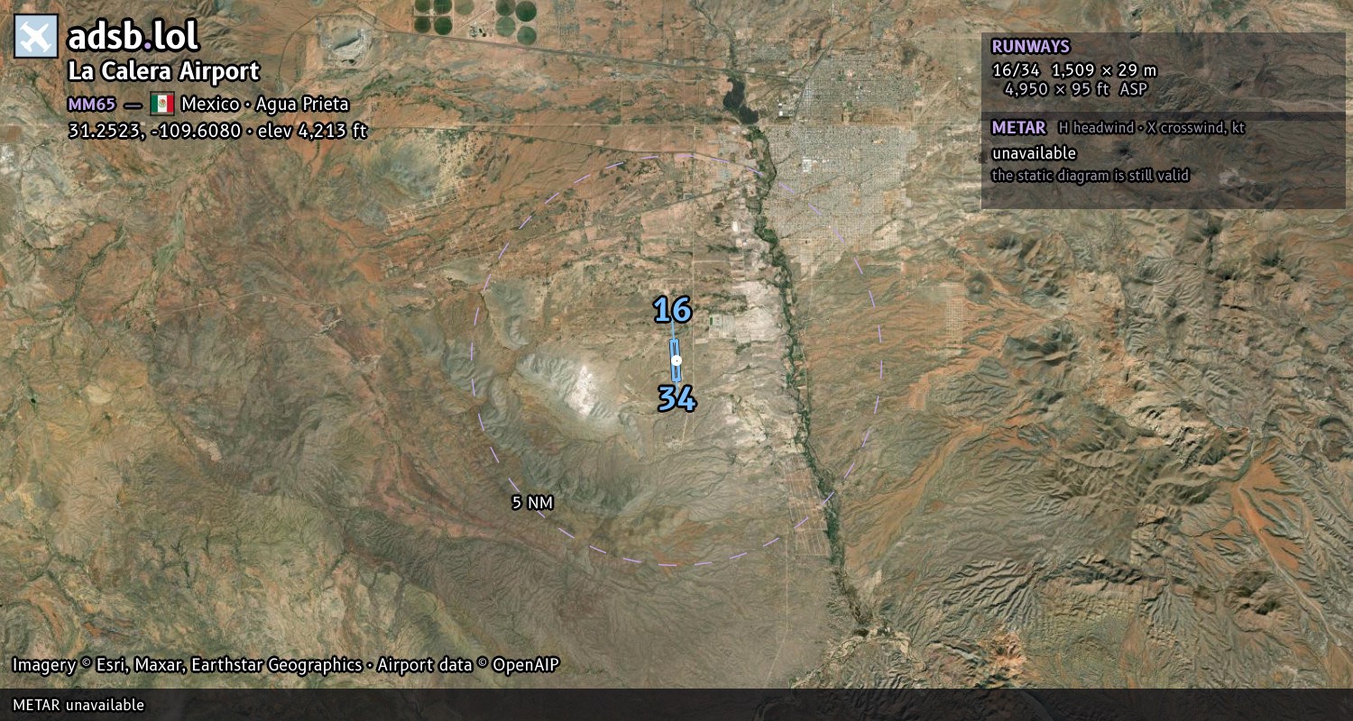 Satellite map with the runway layout of La Calera Airport (MM65)