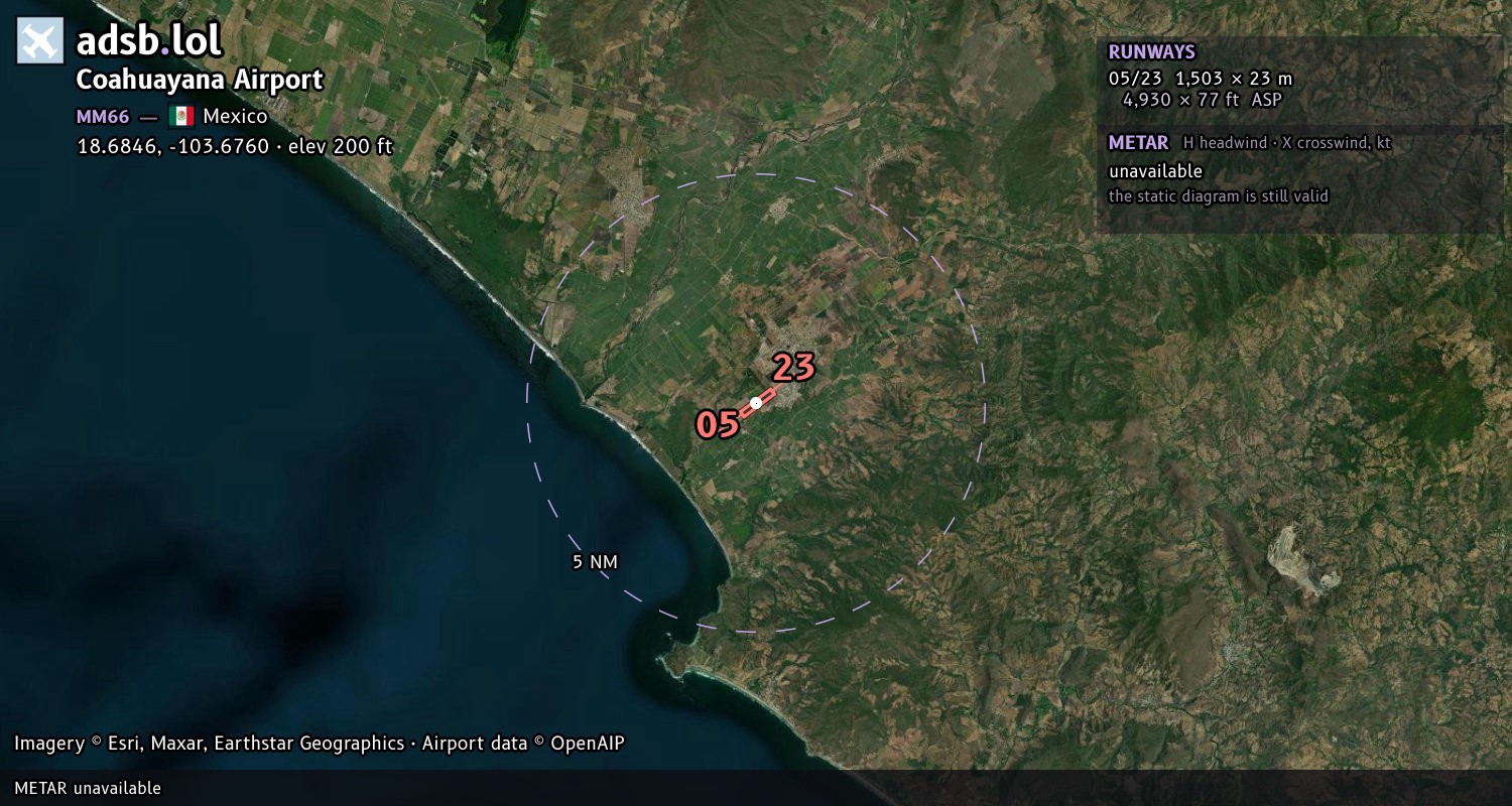 Satellite map with the runway layout of Coahuayana Airport (MM66)