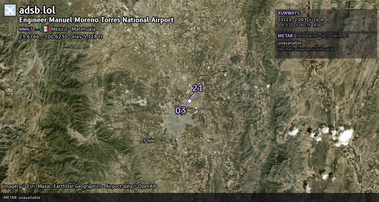 Satellite map with the runway layout of Engineer Manuel Moreno Torres National Airport (MM67)