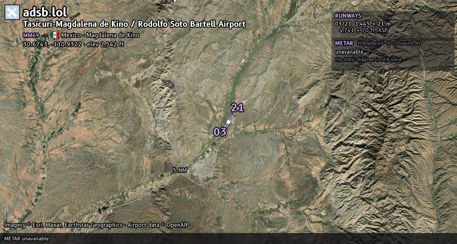 Satellite map with the runway layout of Tasícuri-Magdalena de Kino / Rodolfo Soto Bartell Airport (MM69)