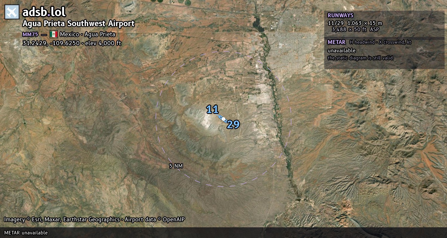 Satellite map with the runway layout of Agua Prieta Southwest Airport (MM75)