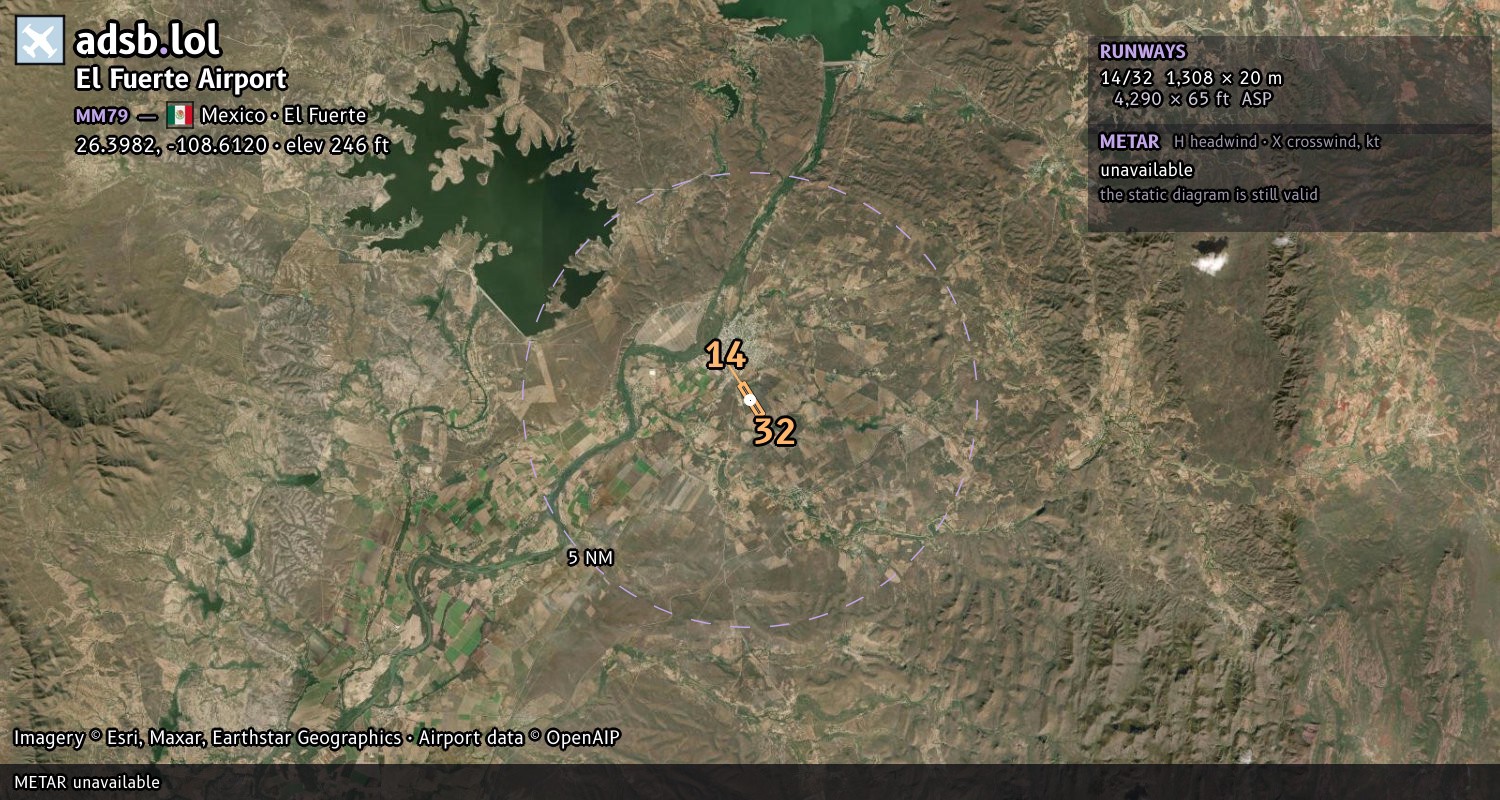 Satellite map with the runway layout of El Fuerte Airport (MM79)