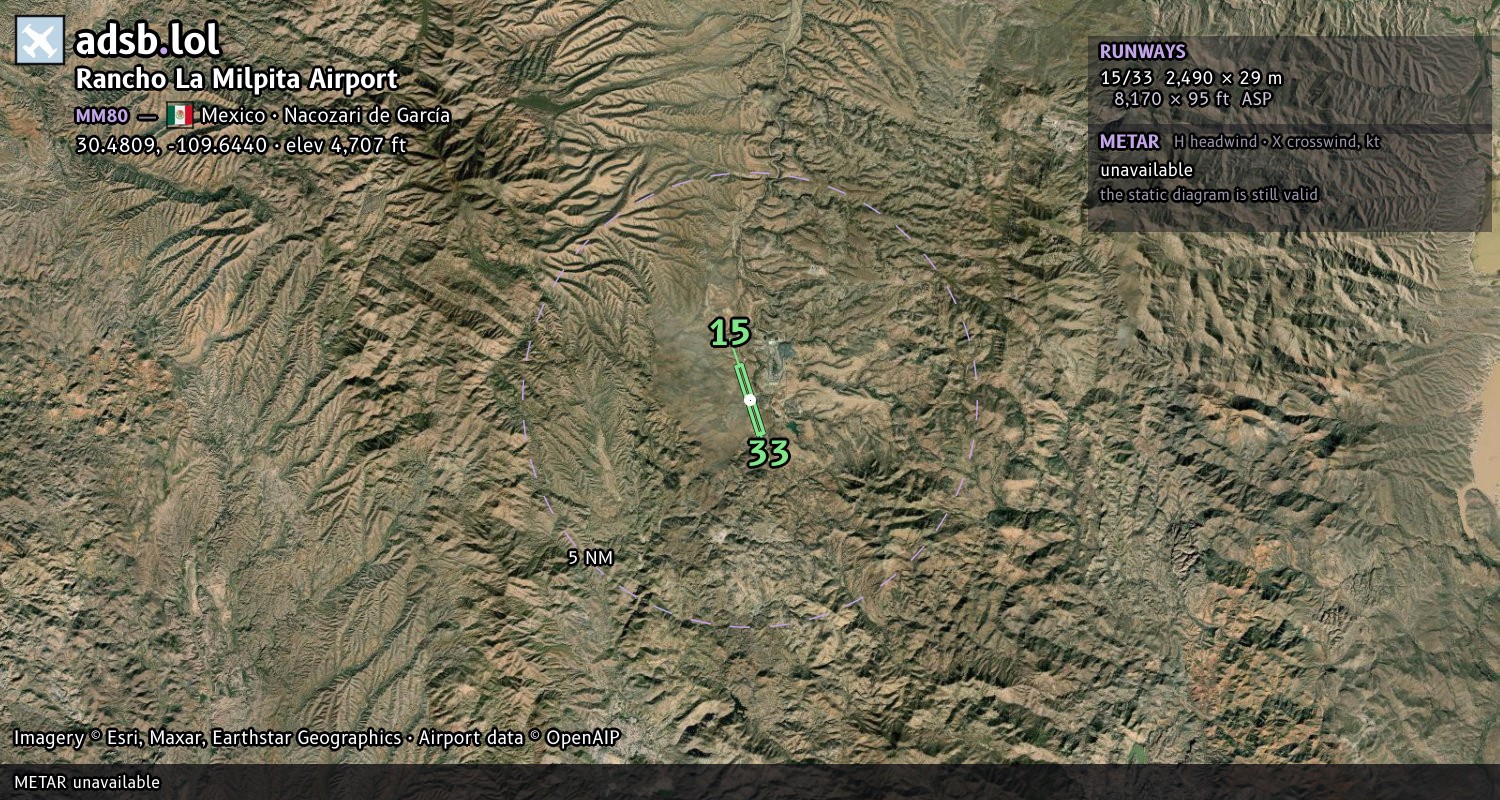 Satellite map with the runway layout of Rancho La Milpita Airport (MM80)