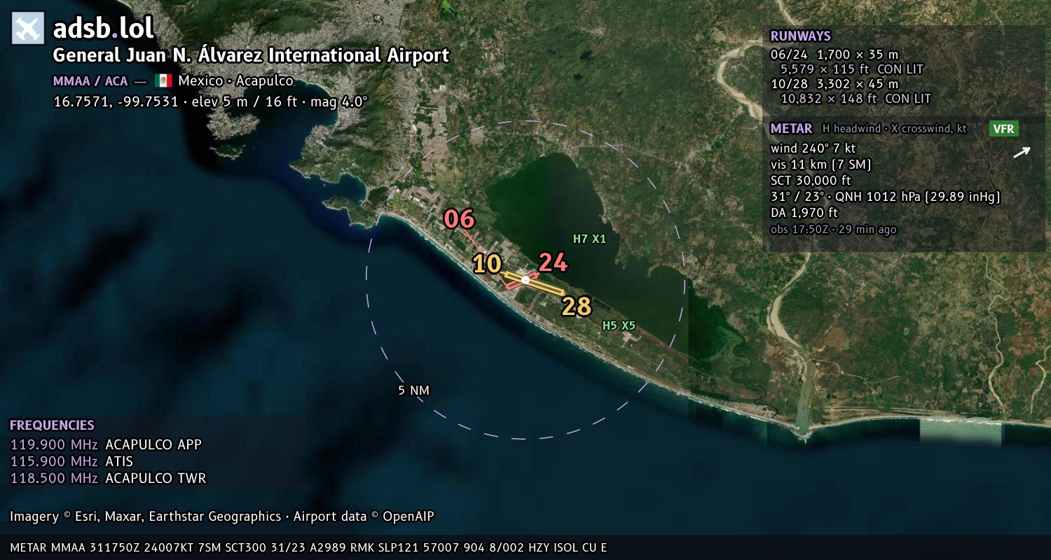 Satellite map with the runway layout of General Juan N. Álvarez International Airport (MMAA)