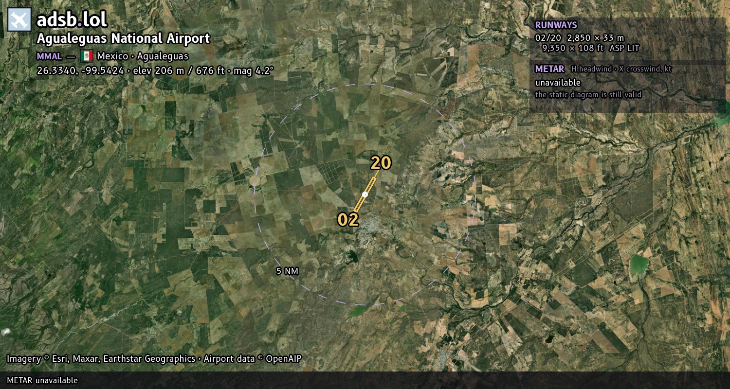 Satellite map with the runway layout of Agualeguas National Airport (MMAL)