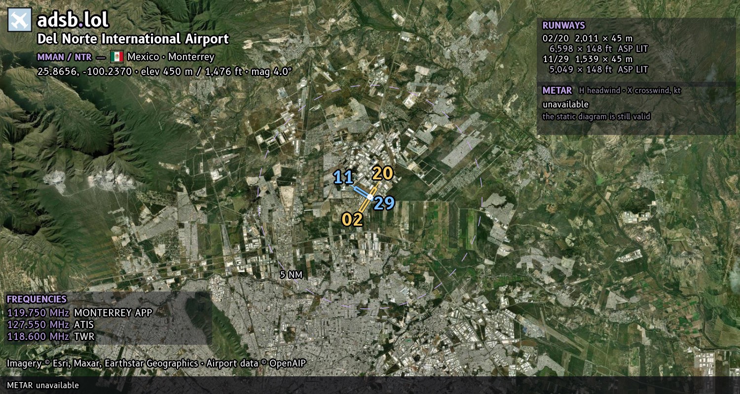 Satellite map with the runway layout of Del Norte International Airport (MMAN)