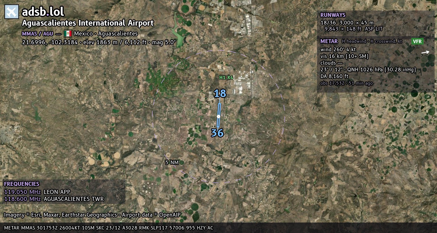Satellite map with the runway layout of Aguascalientes International Airport (MMAS)