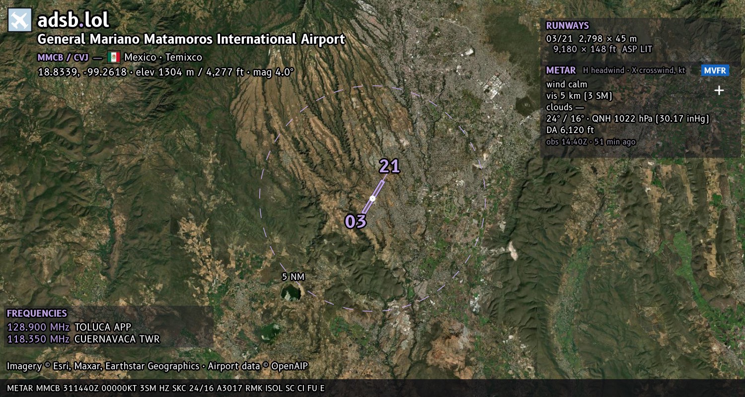 Satellite map with the runway layout of General Mariano Matamoros International Airport (MMCB)