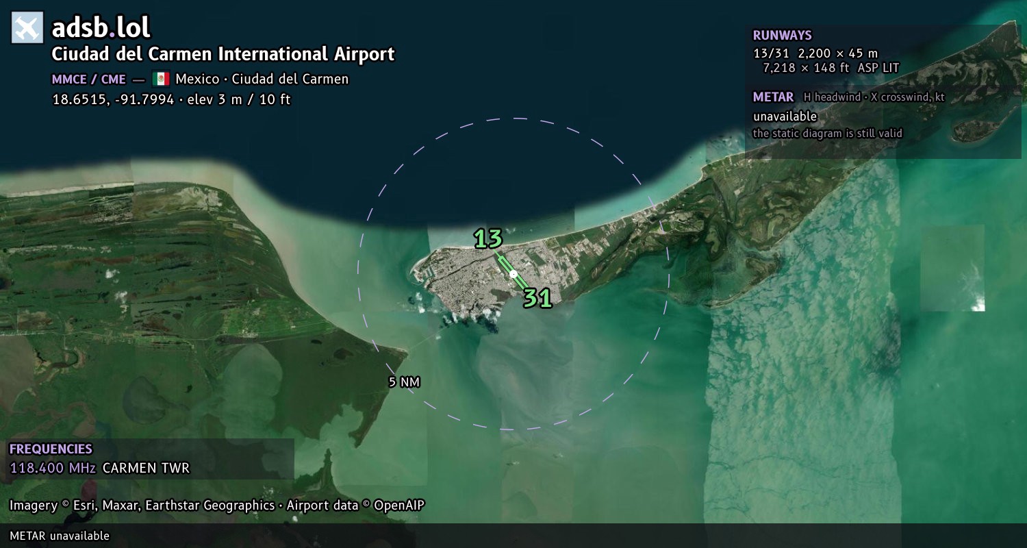 Satellite map with the runway layout of Ciudad del Carmen International Airport (MMCE)