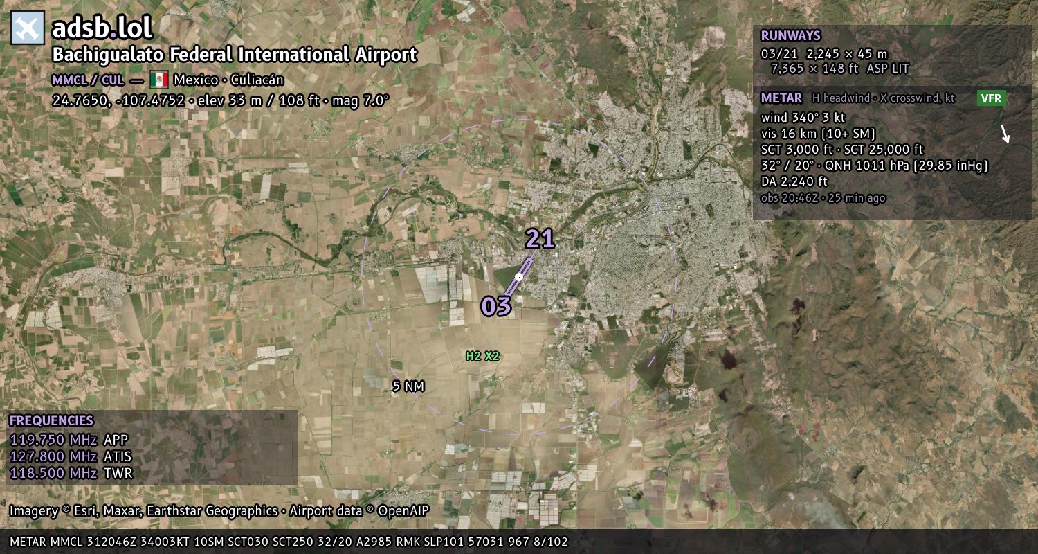 Satellite map with the runway layout of Bachigualato Federal International Airport (MMCL)