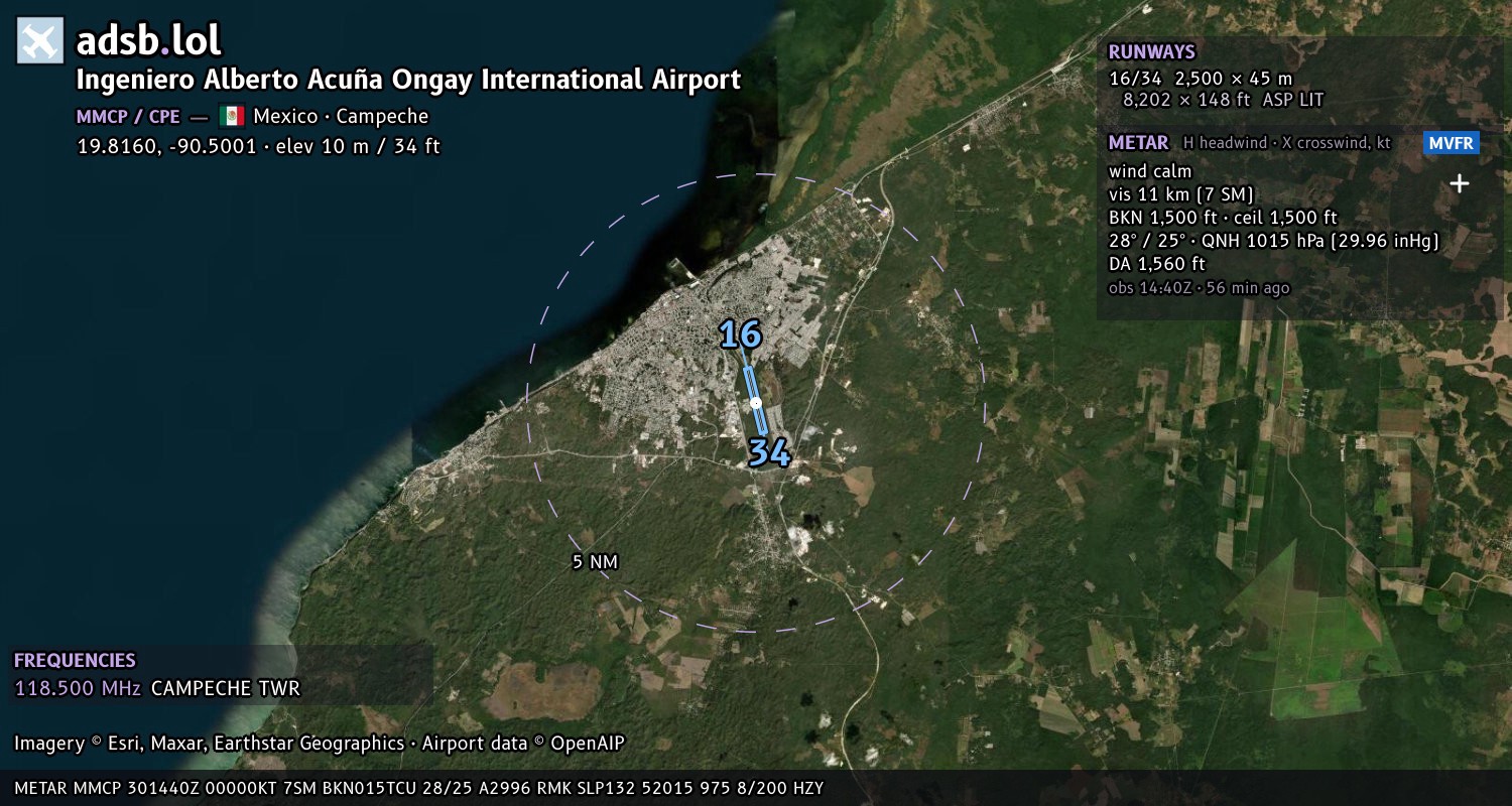 Satellite map with the runway layout of Ingeniero Alberto Acuña Ongay International Airport (MMCP)