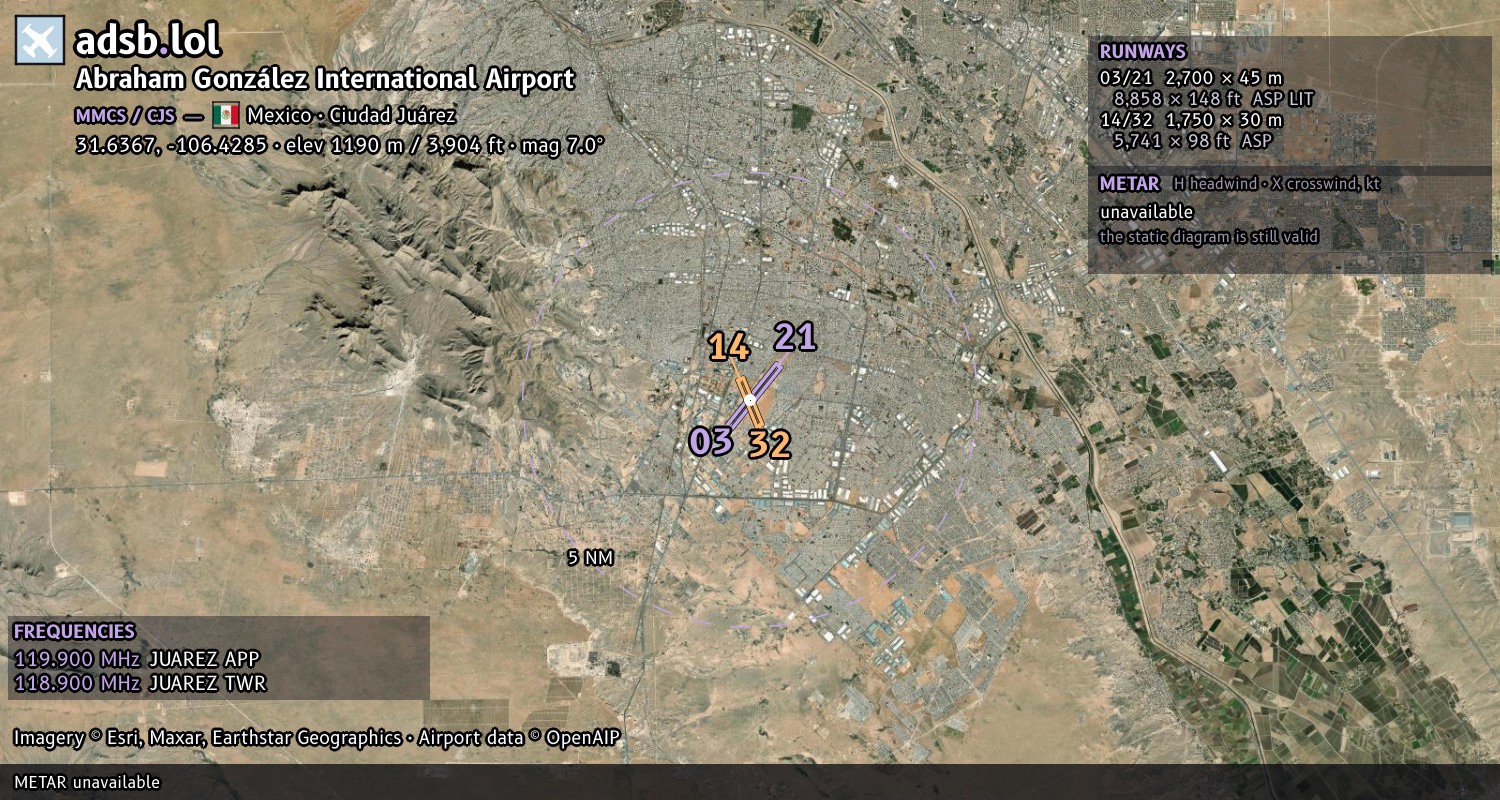 Satellite map with the runway layout of Abraham González International Airport (MMCS)