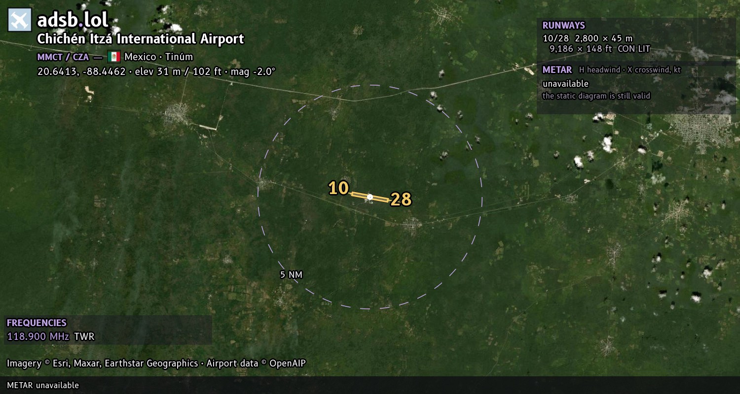 Satellite map with the runway layout of Chichén Itzá International Airport (MMCT)