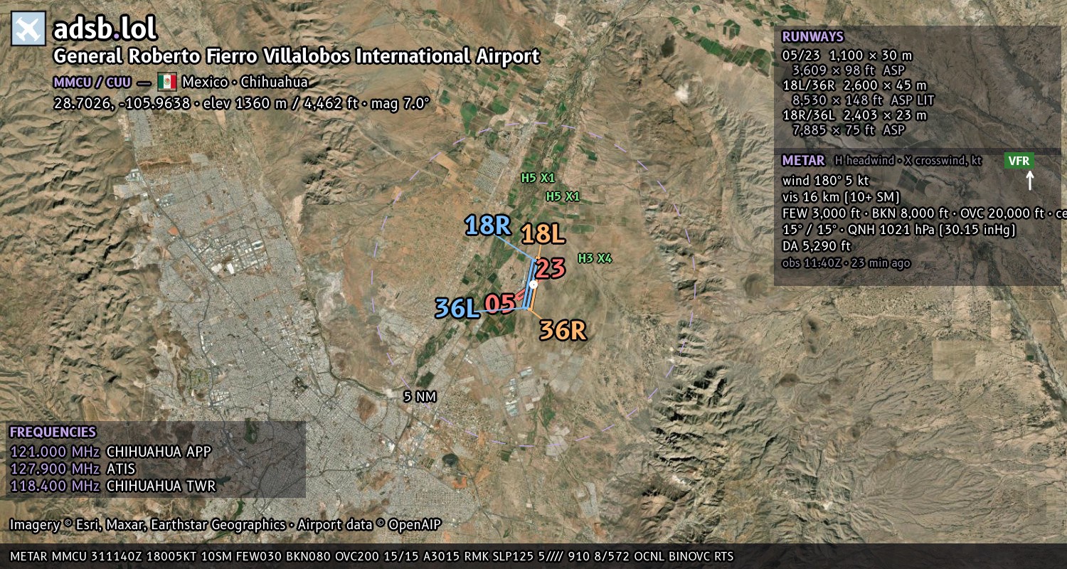 Satellite map with the runway layout of General Roberto Fierro Villalobos International Airport (MMCU)