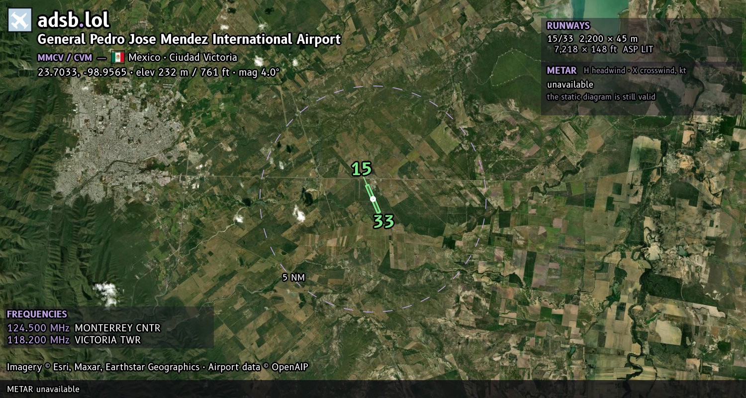 Satellite map with the runway layout of General Pedro Jose Mendez International Airport (MMCV)