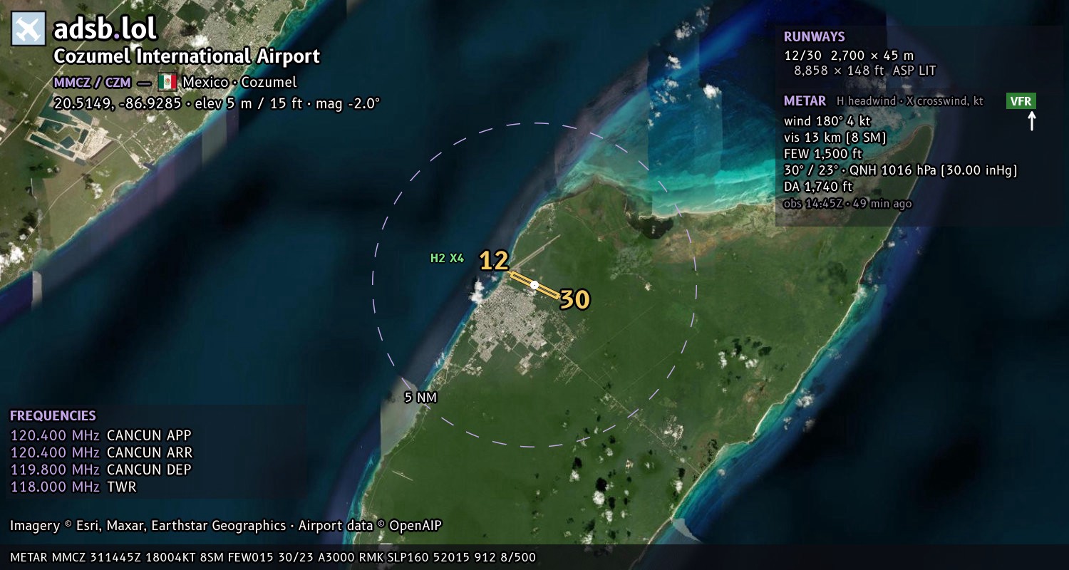 Satellite map with the runway layout of Cozumel International Airport (MMCZ)
