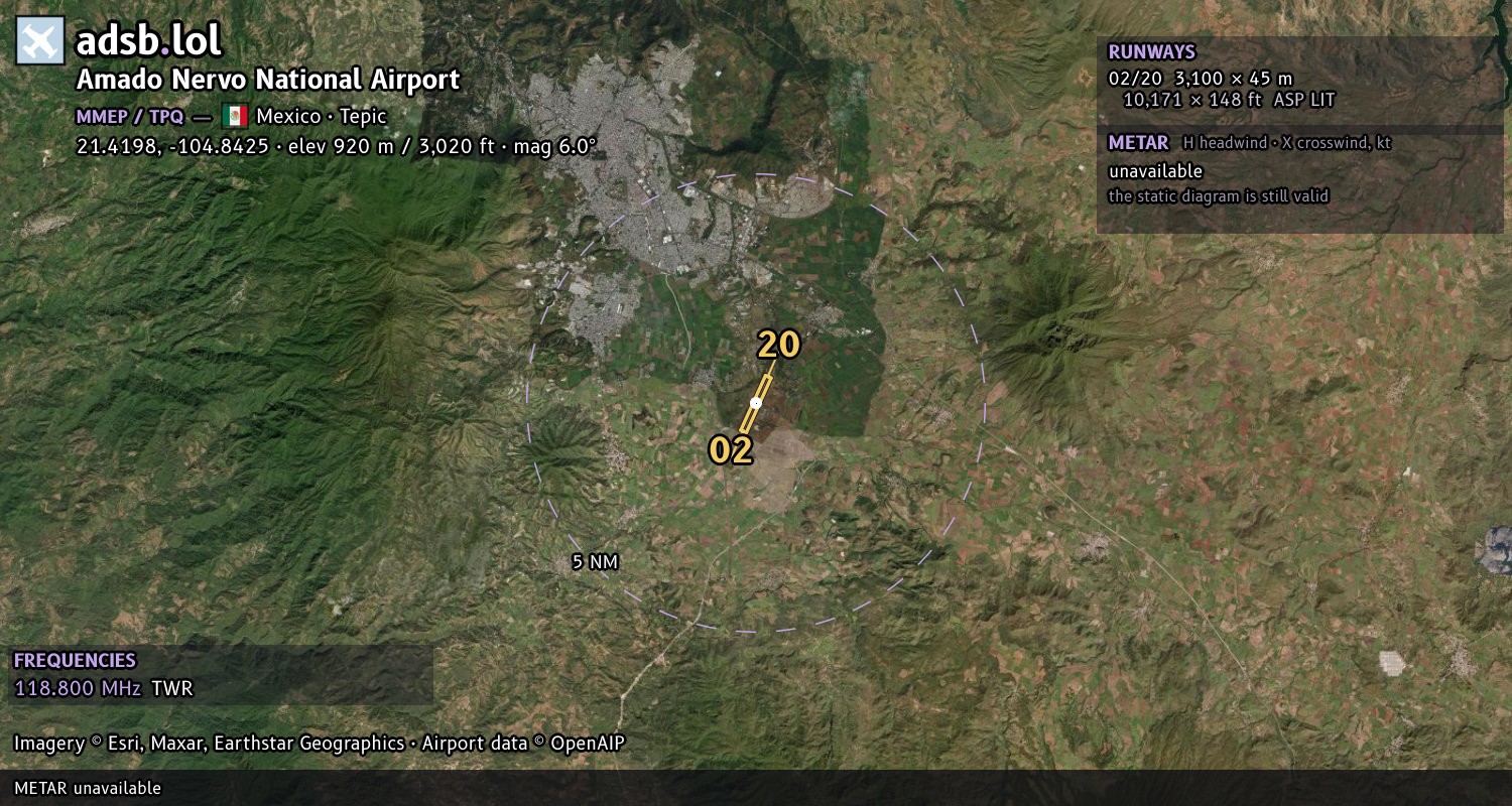 Satellite map with the runway layout of Amado Nervo National Airport (MMEP)