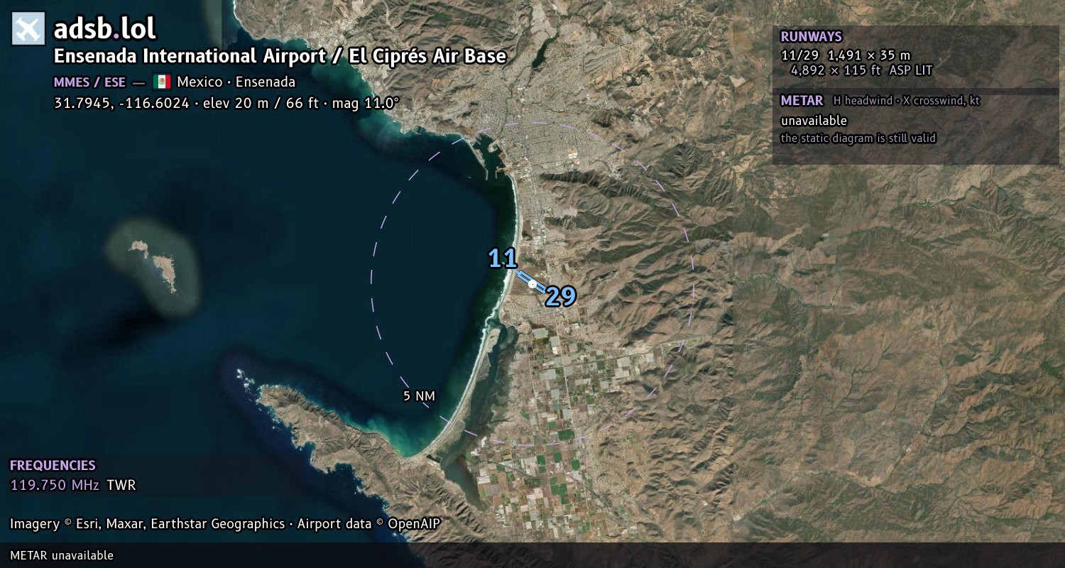 Satellite map with the runway layout of Ensenada International Airport / El Ciprés Air Base (MMES)