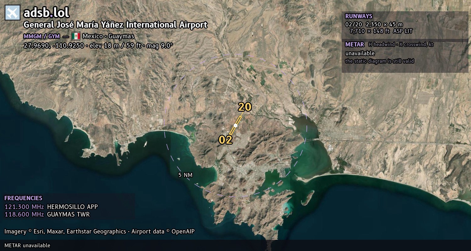 Satellite map with the runway layout of General José María Yáñez International Airport (MMGM)