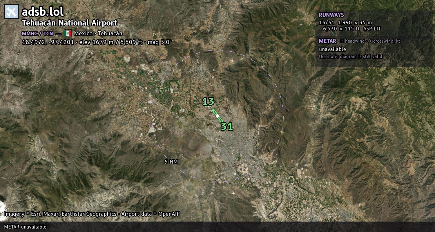 Satellite map with the runway layout of Tehuacán National Airport (MMHC)