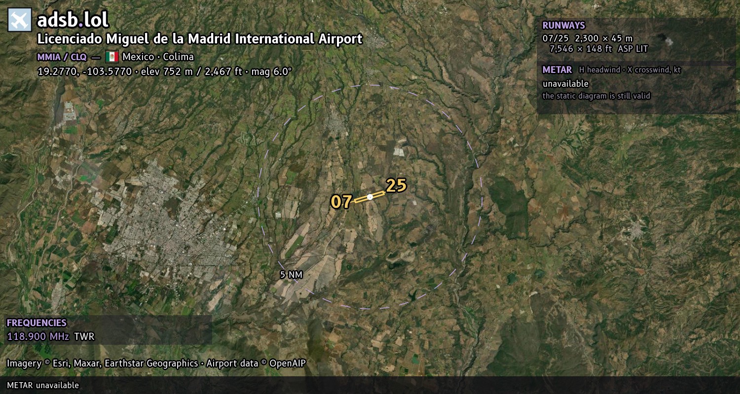 Satellite map with the runway layout of Licenciado Miguel de la Madrid International Airport (MMIA)